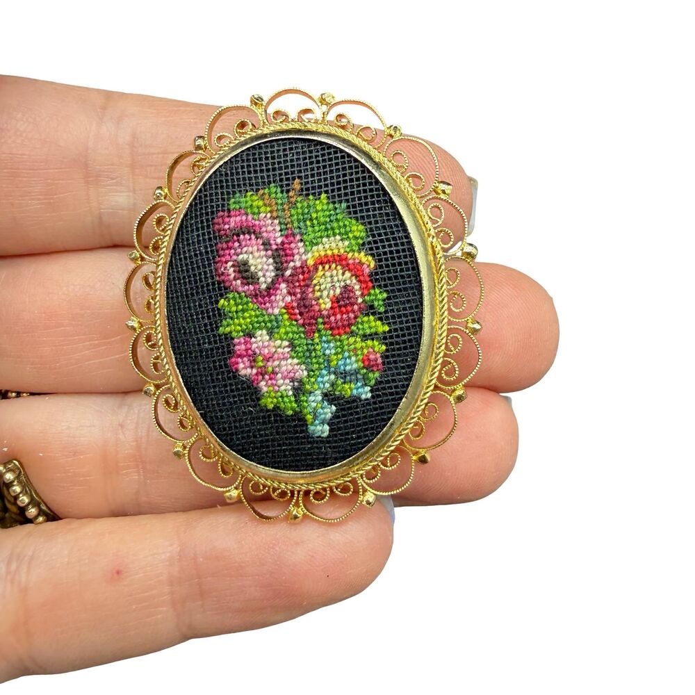Vintage Petit Point Pin Brooch Filigree Edge Pink Red Embroidered Flowers Floral